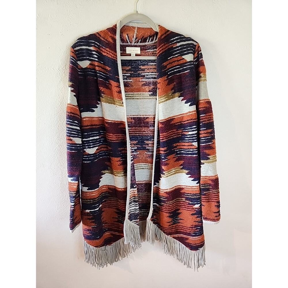 Lucky Brand Aztec Southwestern Cardigan Sweater Shawl Collar M Fringe